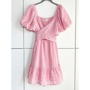 Peach Love Pink Dress Size Medium Puff Sleeves Wrap Front Back Bow